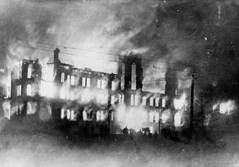 Old Buchtel Hall burning.