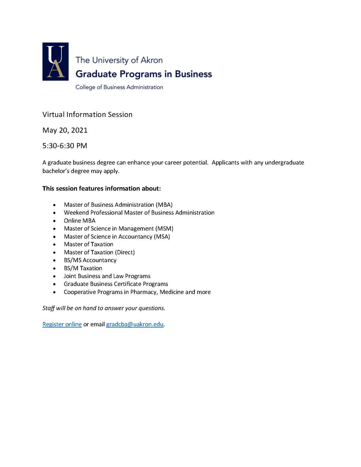 Graduate Programs Virtual Information Session – May 20 at 5:30pm
